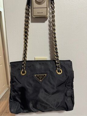 Vintage Prada Black Nylon Shoulder Bag with Gold Chain Straps